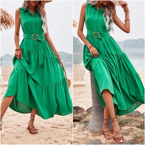 Dresses & Skirts - Boho Green Button Sleeveless Maxi Dress